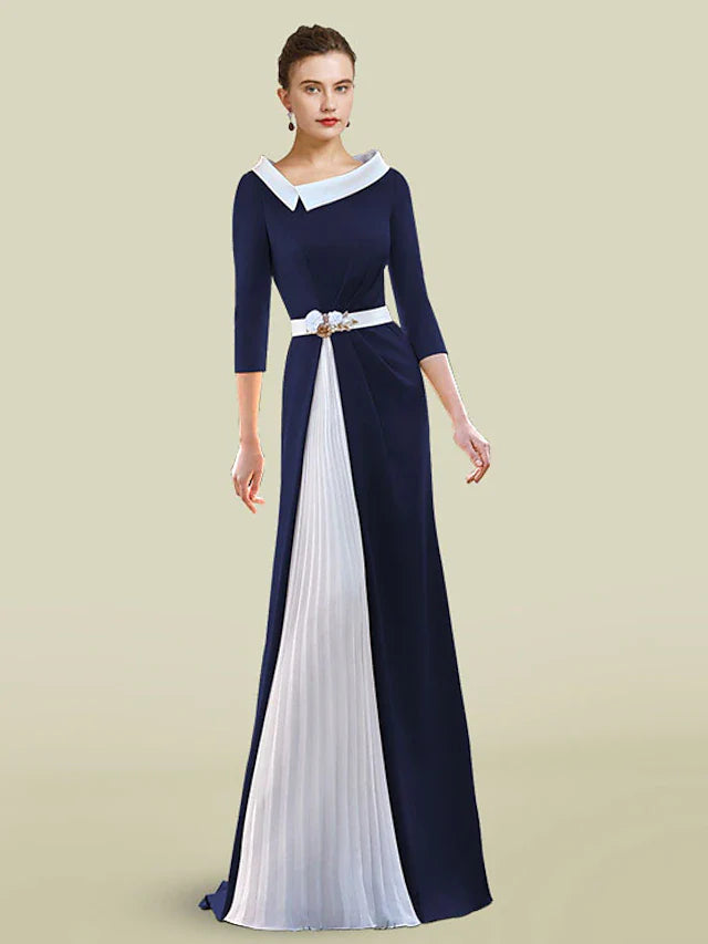 Wholesale A-Line Mother of the Bride Dress Elegant Jewel Neck Floor Length Chiffon Stretch Fabric Half Sleeve with Sash / Ribbon Pleats